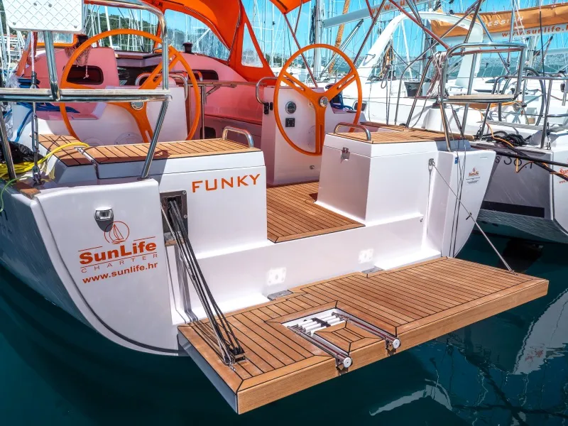 Exterior view of Funky, a Elan Impression 40.1 sailboat at Split, Croatia