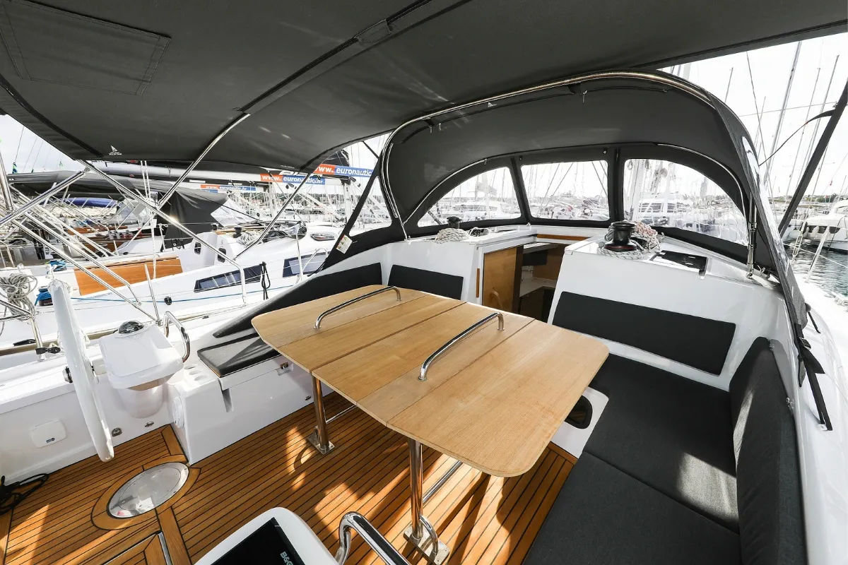 Deck of Seppia, a Elan Impression 45 sailboat at Biograd na Moru, Croatia