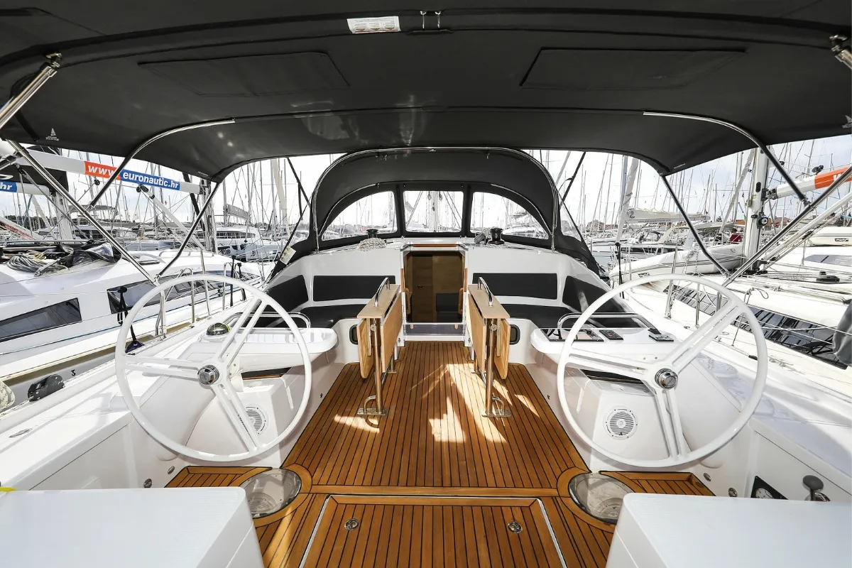 Cockpit of Seppia, a Elan Impression 45 sailboat at Biograd na Moru, Croatia