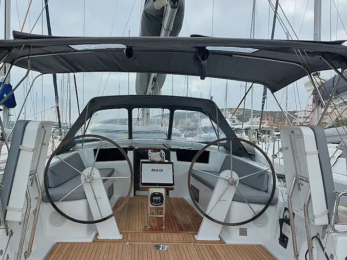 Cockpit of Pasithea, a Hanse 418 sailboat at Lavrion, Greece