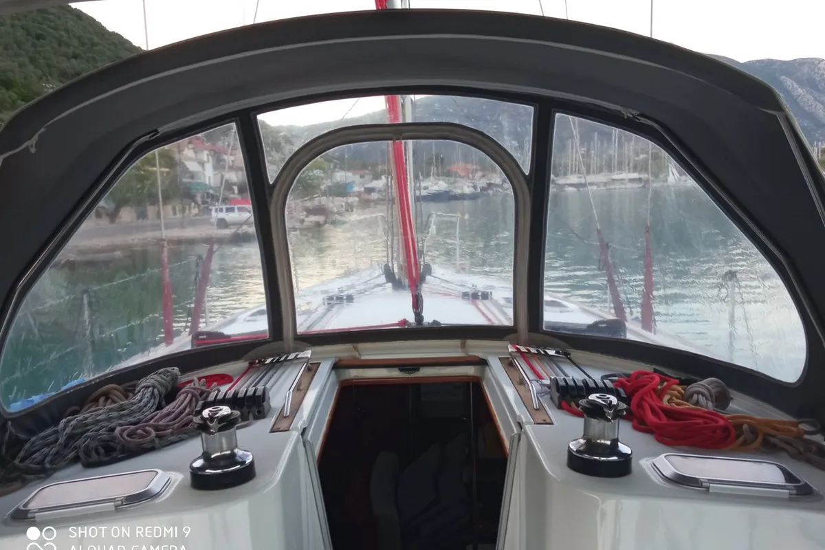 Cockpit of Family, a Jeanneau Sun Odyssey 49 sailboat at Municipal Unit of Lefkada, Greece