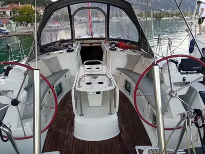 Cockpit of Family, a Jeanneau Sun Odyssey 49 sailboat at Municipal Unit of Lefkada, Greece