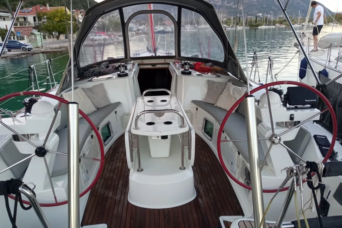 Cockpit of Family, a Jeanneau Sun Odyssey 49 sailboat at Municipal Unit of Lefkada, Greece