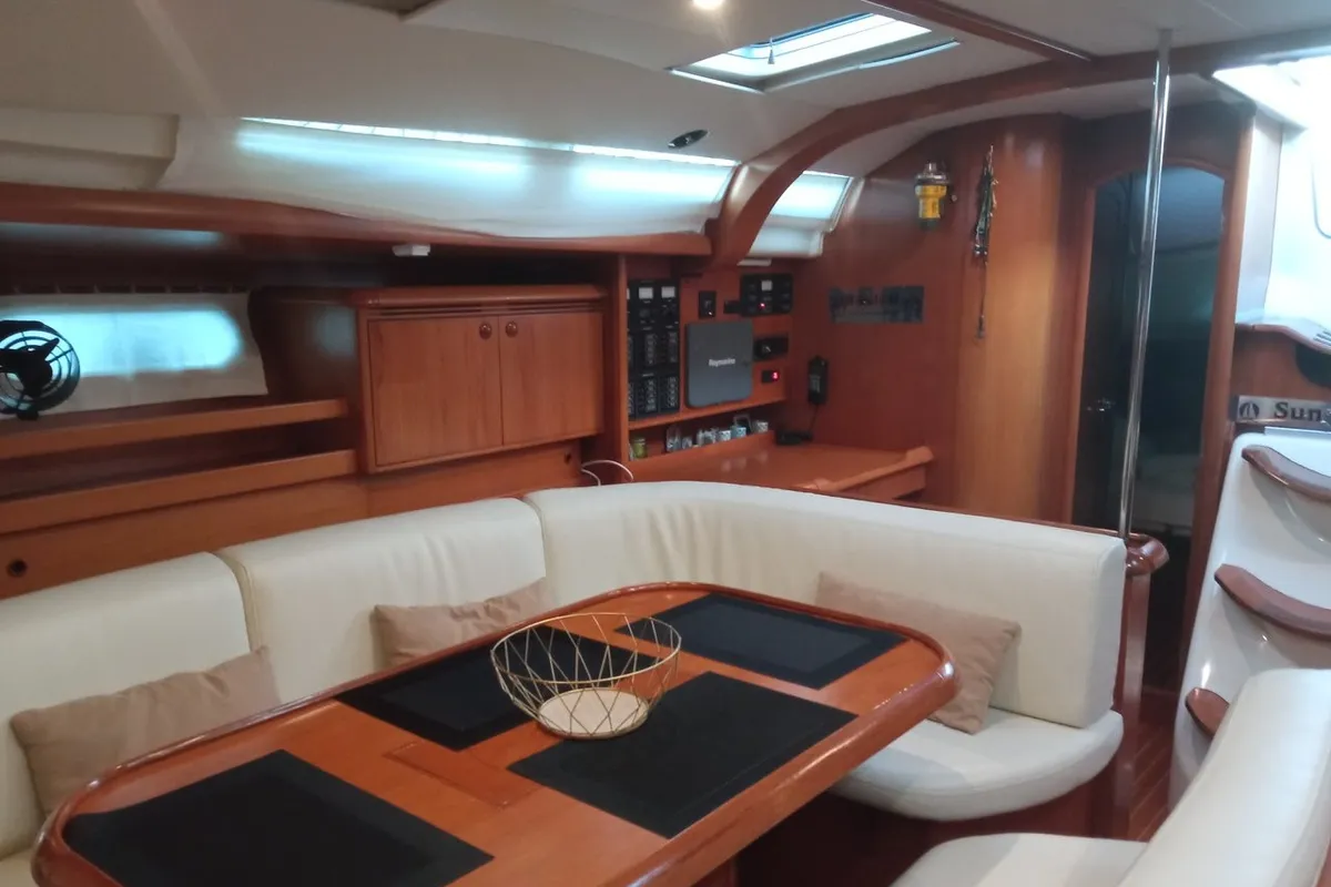 Salon of Family, a Jeanneau Sun Odyssey 49 sailboat at Municipal Unit of Lefkada, Greece