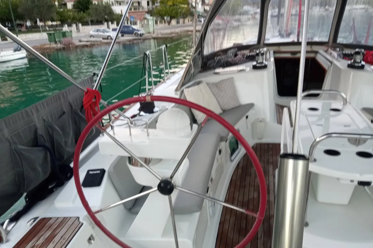 Cockpit of Family, a Jeanneau Sun Odyssey 49 sailboat at Municipal Unit of Lefkada, Greece