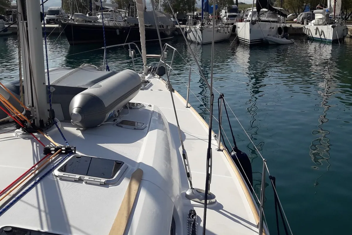 Deck of Family, a Jeanneau Sun Odyssey 49 sailboat at Municipal Unit of Lefkada, Greece