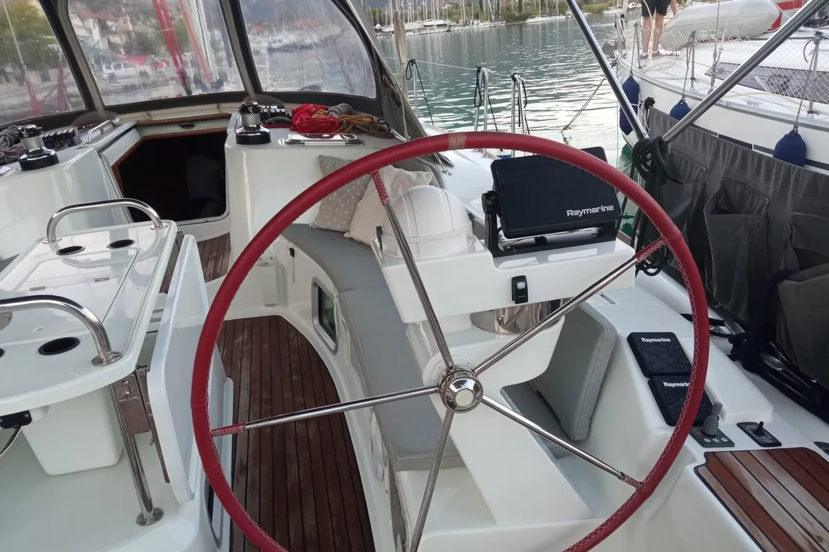 Cockpit of Family, a Jeanneau Sun Odyssey 49 sailboat at Municipal Unit of Lefkada, Greece