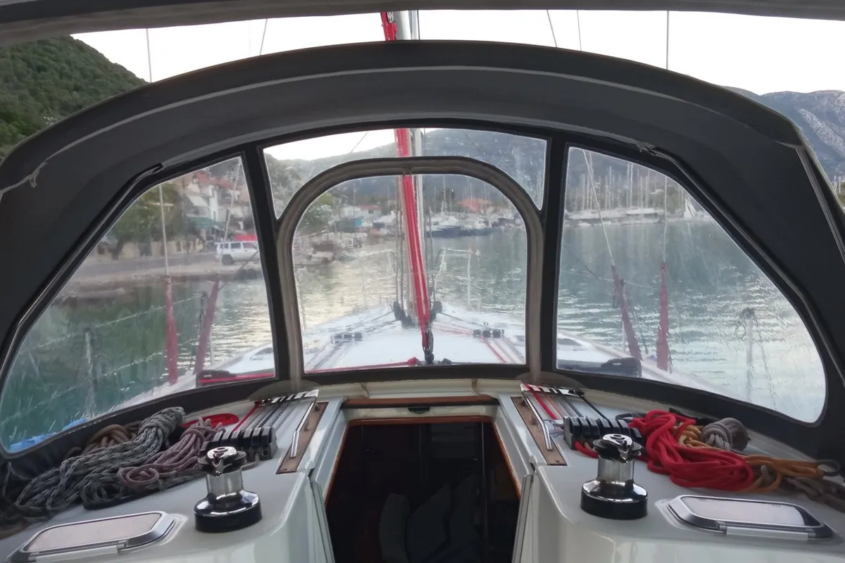 Cockpit of Family, a Jeanneau Sun Odyssey 49 sailboat at Municipal Unit of Lefkada, Greece