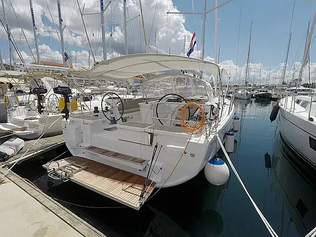 Exterior view of GRETA, a Beneteau Oceanis 46.1 sailboat at Port de Pollença, Spain