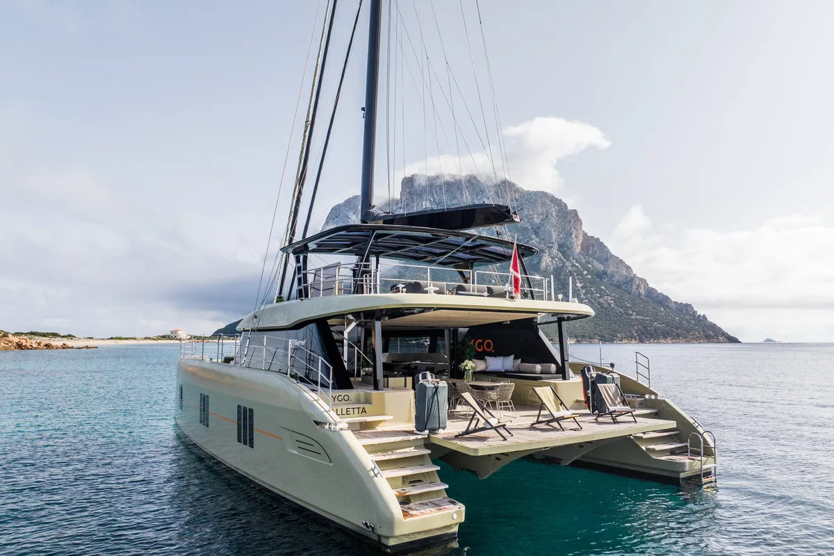 Exterior view of YGO., a Sunreef 60 catamaran at Palma de Mallorca, Spain