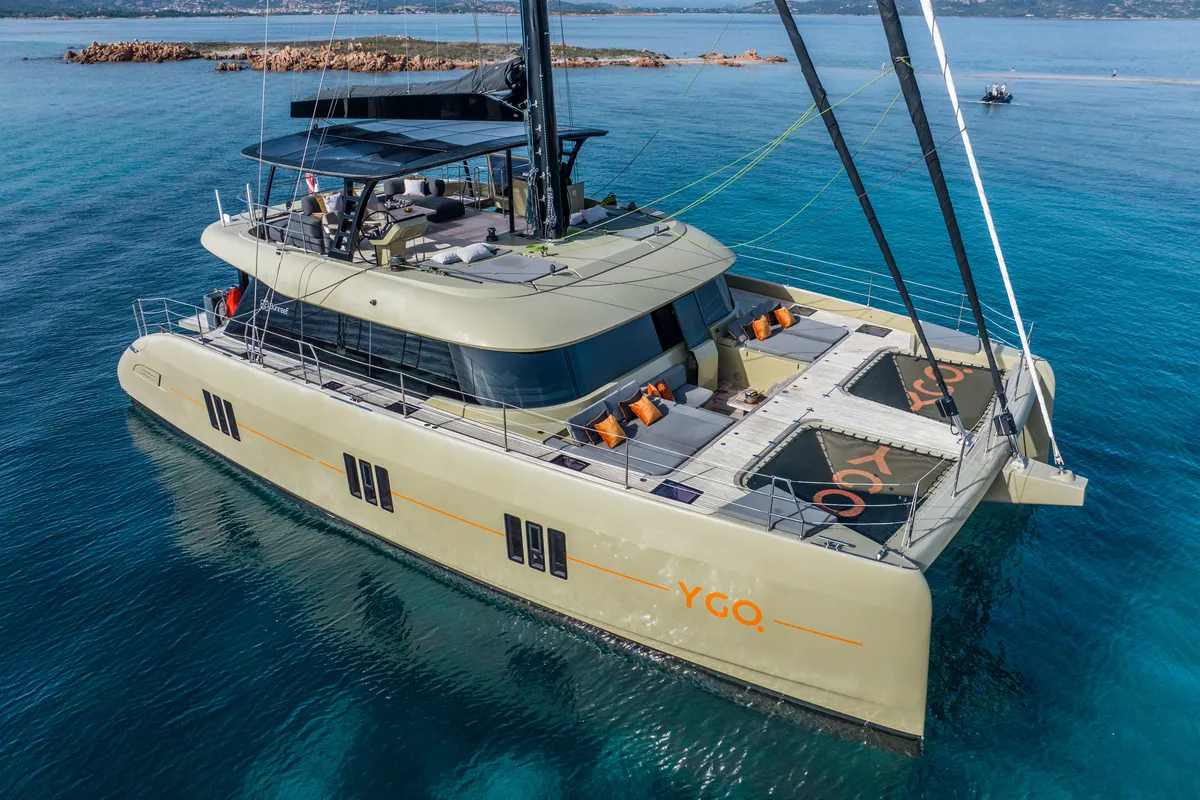 Exterior view of YGO., a Sunreef 60 catamaran at Palma de Mallorca, Spain