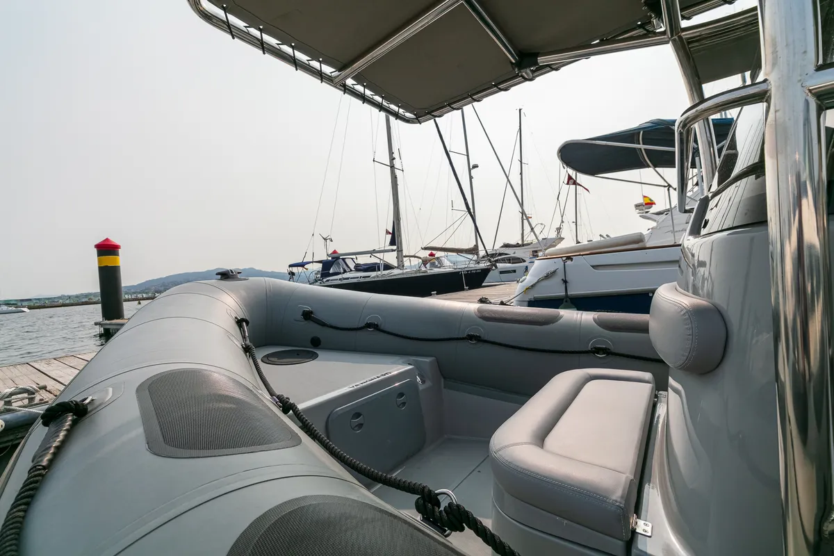 Deck of Fog, a Gulet Vanguard DR-760 motorboat at Baiona, Spain