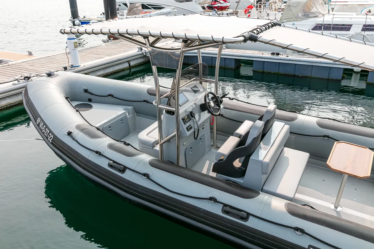 Deck of Fog, a Gulet Vanguard DR-760 motorboat at Baiona, Spain