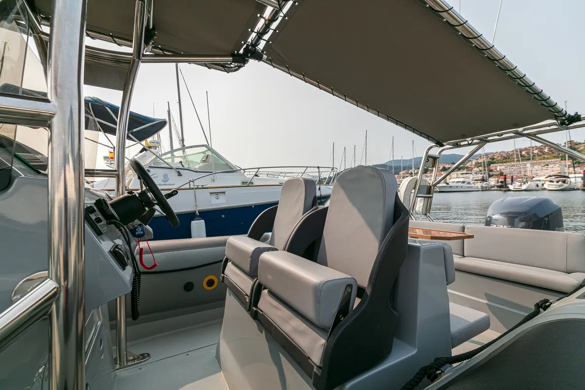 Deck of Fog, a Gulet Vanguard DR-760 motorboat at Baiona, Spain