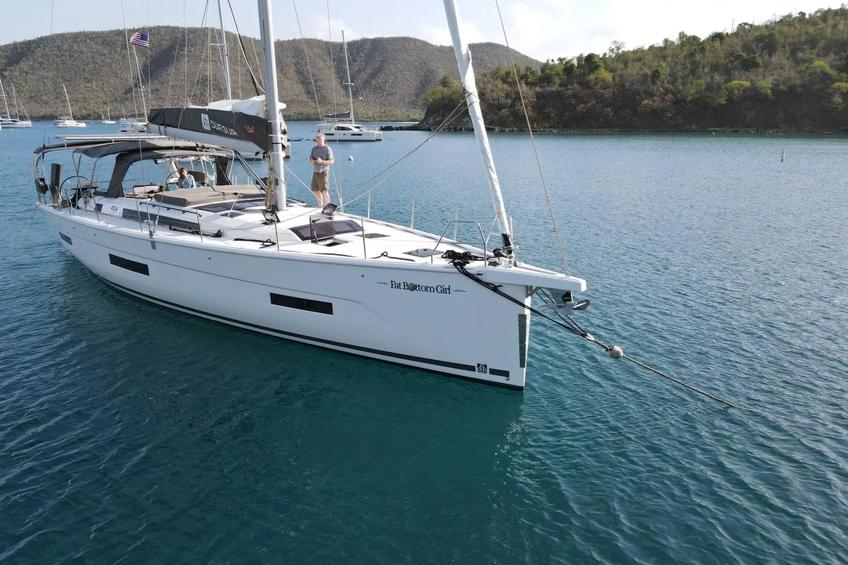 Exterior view of Fat Bottom Girl, a Dufour 530 sailboat at Road Town, British Virgin Islands