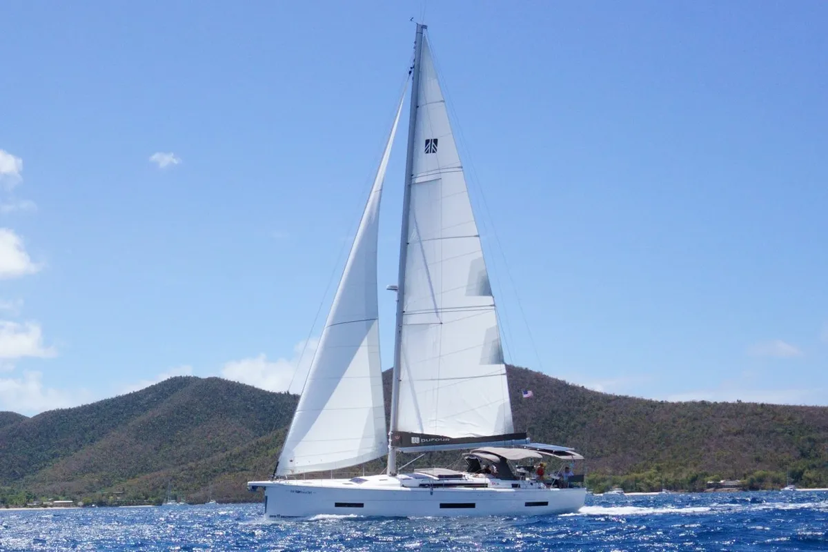 Exterior view of Fat Bottom Girl, a Dufour 530 sailboat at Road Town, British Virgin Islands