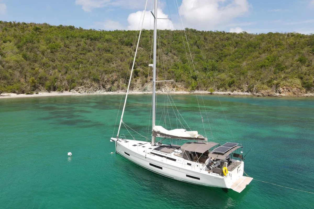 Exterior view of Fat Bottom Girl, a Dufour 530 sailboat at Road Town, British Virgin Islands