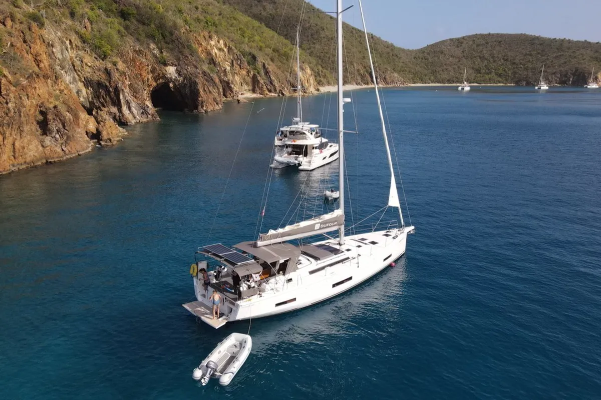 Exterior view of Fat Bottom Girl, a Dufour 530 sailboat at Road Town, British Virgin Islands