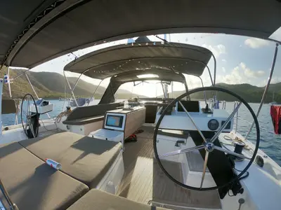 Cockpit of Fat Bottom Girl, a Dufour 530 sailboat at Road Town, British Virgin Islands