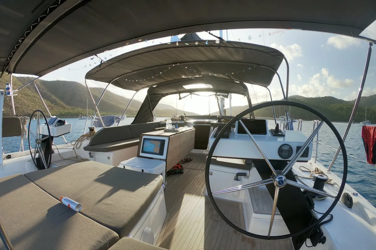 Cockpit of Fat Bottom Girl, a Dufour 530 sailboat at Road Town, British Virgin Islands