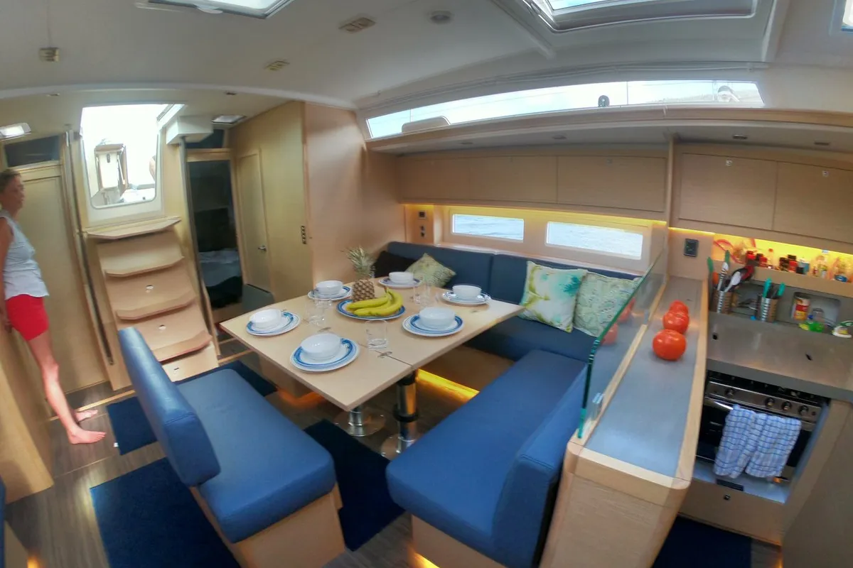 Salon of Fat Bottom Girl, a Dufour 530 sailboat at Road Town, British Virgin Islands