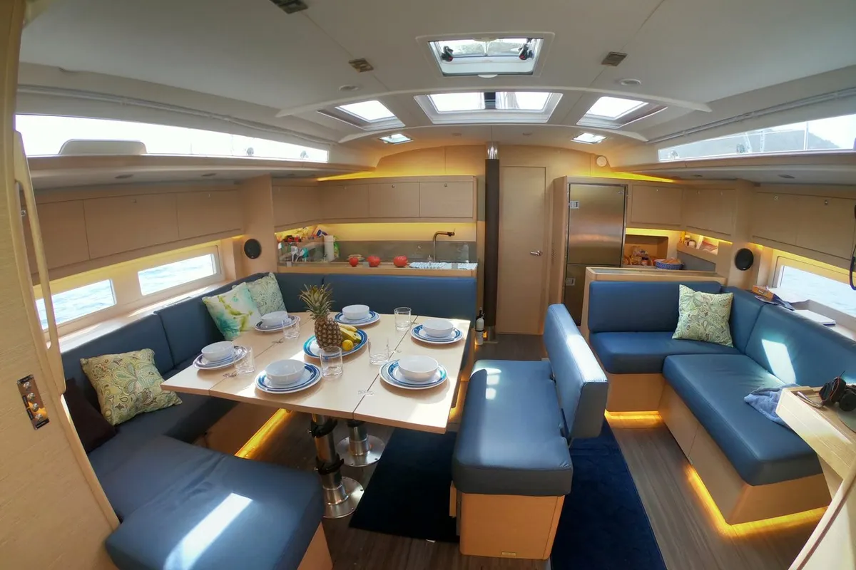 Salon of Fat Bottom Girl, a Dufour 530 sailboat at Road Town, British Virgin Islands