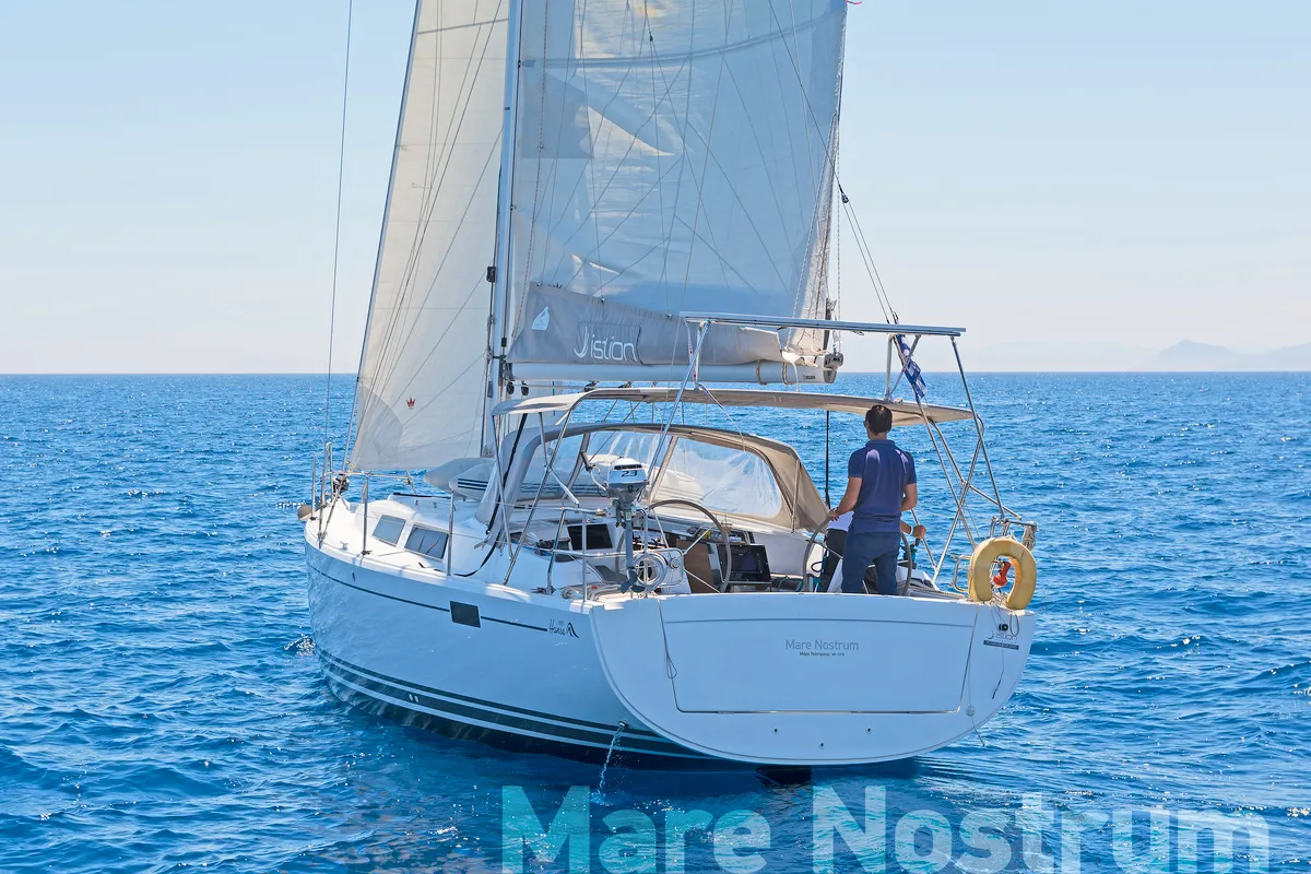 Exterior view of Mare Nostrum, a Hanse 385 sailboat at Kos, Greece