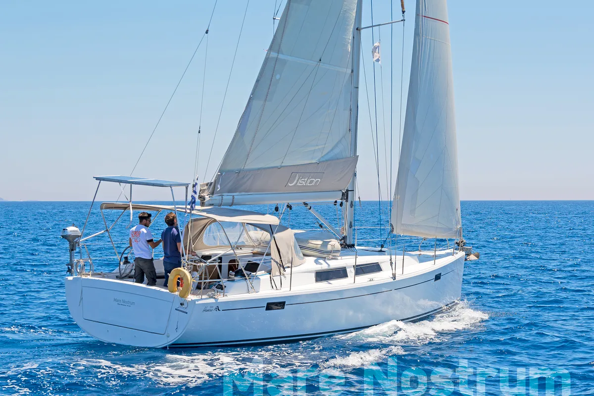 Exterior view of Mare Nostrum, a Hanse 385 sailboat at Kos, Greece