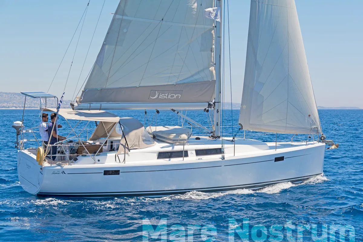 Exterior view of Mare Nostrum, a Hanse 385 sailboat at Kos, Greece