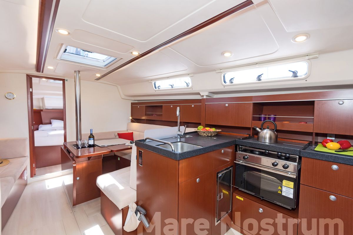 Galley of Mare Nostrum, a Hanse 385 sailboat at Kos, Greece