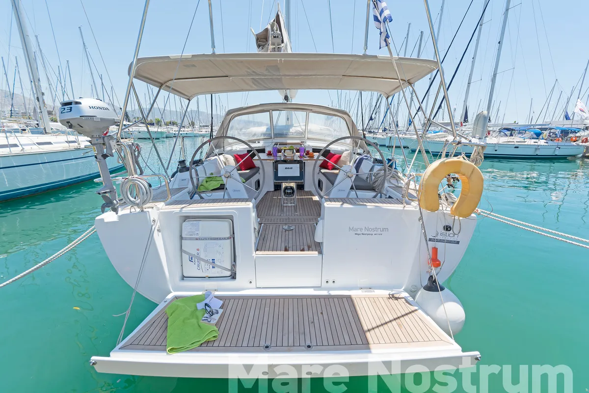 Deck of Mare Nostrum, a Hanse 385 sailboat at Kos, Greece
