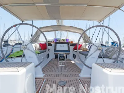 Cockpit of Mare Nostrum, a Hanse 385 sailboat at Kos, Greece