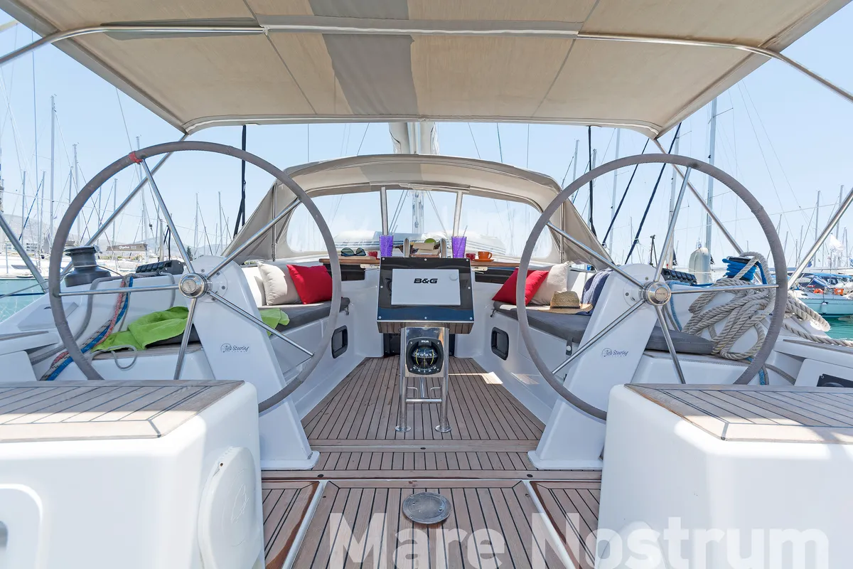 Cockpit of Mare Nostrum, a Hanse 385 sailboat at Kos, Greece