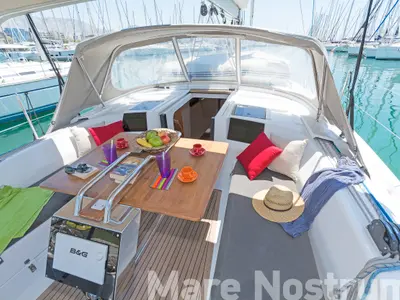 Deck of Mare Nostrum, a Hanse 385 sailboat at Kos, Greece