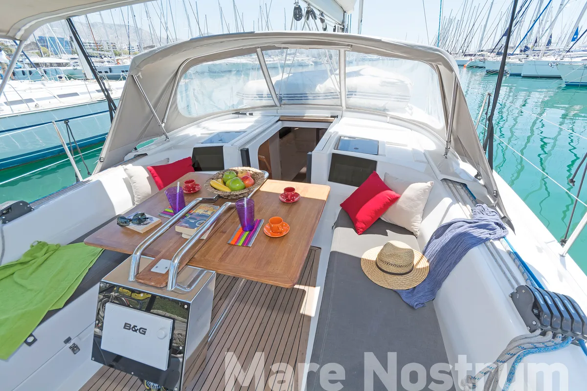 Deck of Mare Nostrum, a Hanse 385 sailboat at Kos, Greece