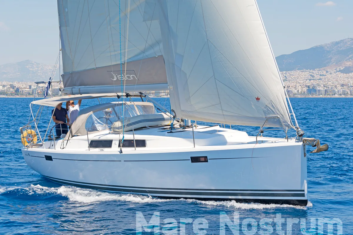 Exterior view of Mare Nostrum, a Hanse 385 sailboat at Kos, Greece