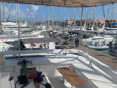 Cockpit of Eden Planet, a Dufour 48 Catamaran catamaran at Tonnarella, Italy