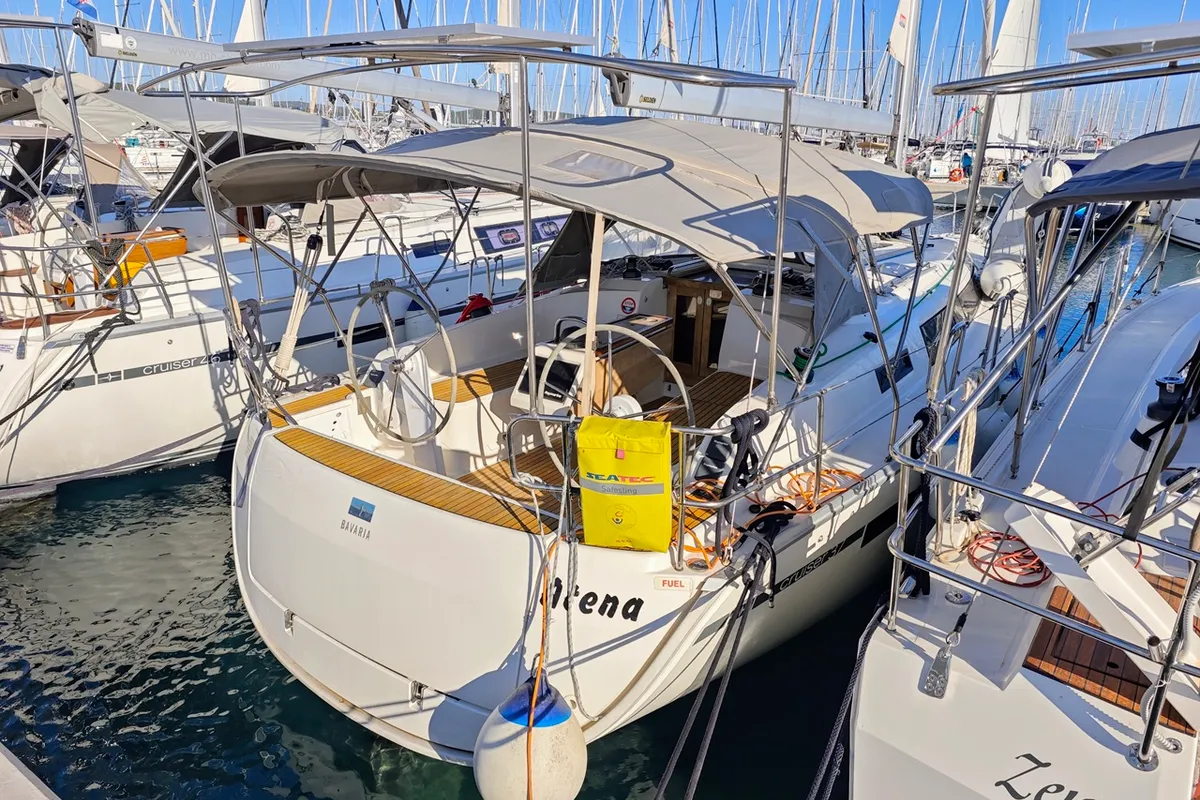 Exterior view of Atena, a Bavaria Cruiser 37 sailboat at Općina Sukošan, Croatia