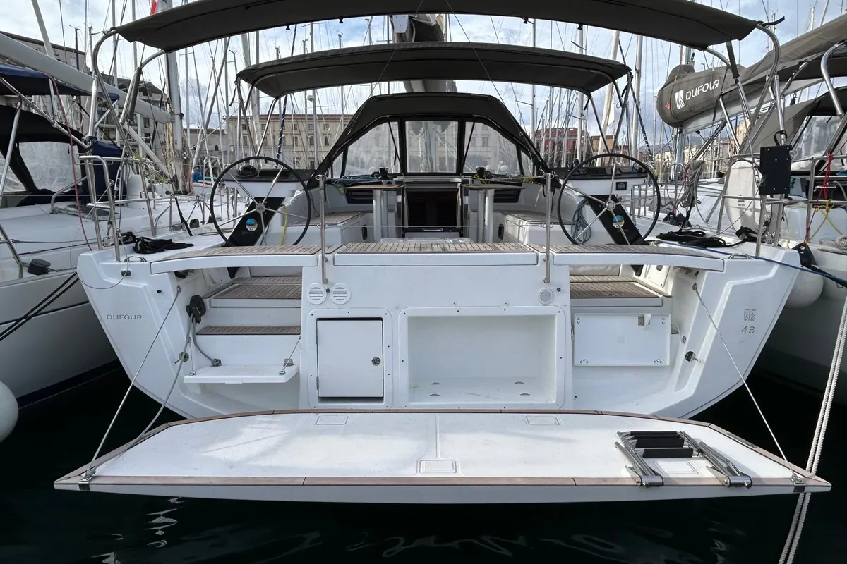 Deck of Salima, a Dufour 48 sailboat at Tonnarella, Italy