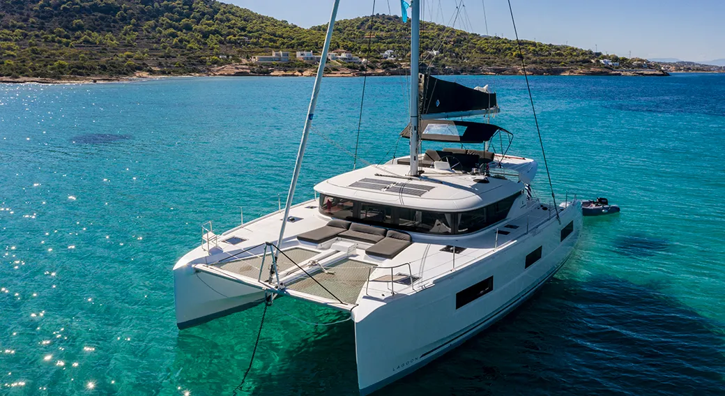 Exterior view of Kaizen, a Lagoon 46 catamaran at Municipal Unit of Rhodes, Greece