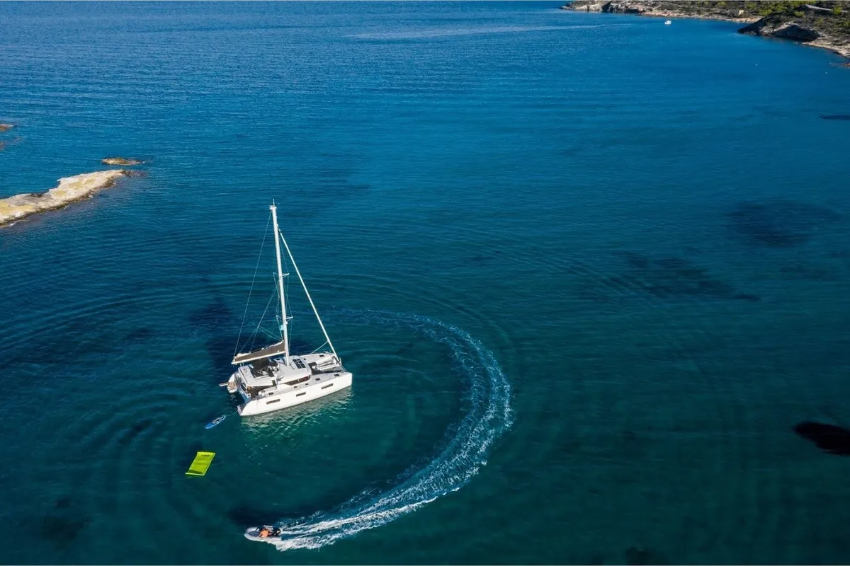 Exterior view of Kaizen, a Lagoon 46 catamaran at Municipal Unit of Rhodes, Greece