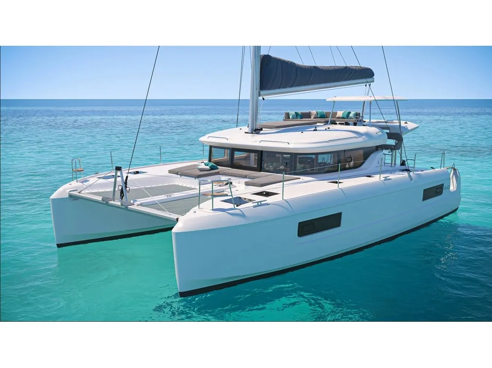 Exterior view of Michelangelo, a Lagoon 43 catamaran at Benitses, Greece