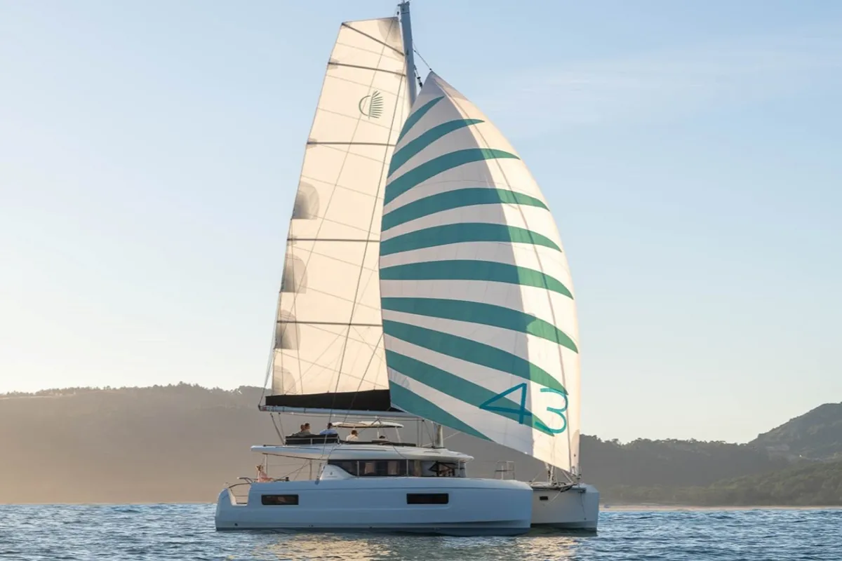 Exterior view of Michelangelo, a Lagoon 43 catamaran at Benitses, Greece