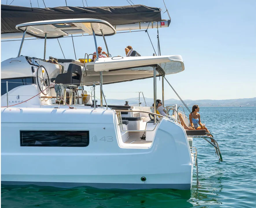 Exterior view of Michelangelo, a Lagoon 43 catamaran at Benitses, Greece