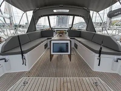Cockpit of Sonja, a Dufour 530 sailboat at Seget Donji, Croatia