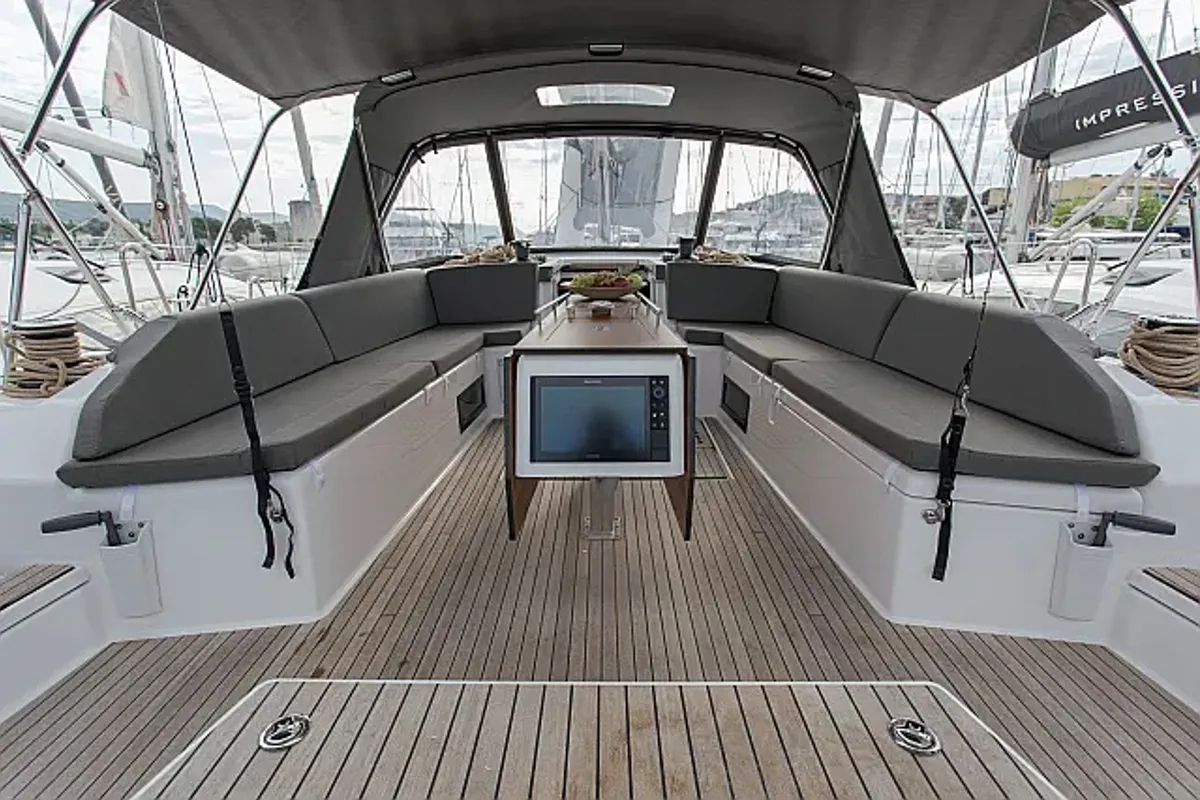 Cockpit of Sonja, a Dufour 530 sailboat at Seget Donji, Croatia