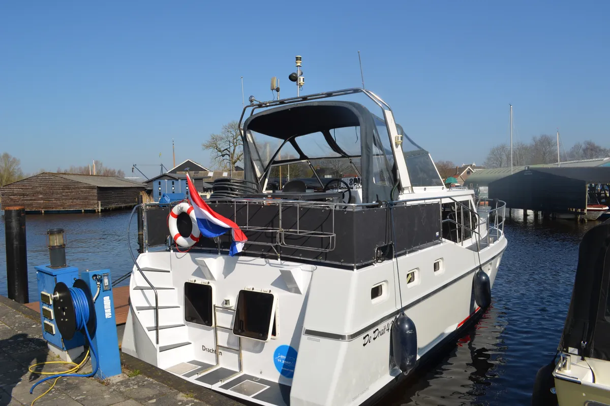 Exterior view of De Drait Renal 36, a motorboat at Drachten, Netherlands