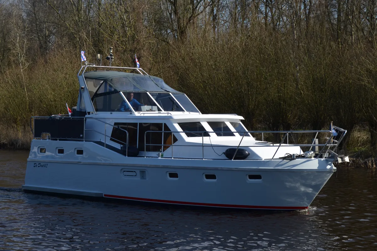 Exterior view of De Drait Renal 36, a motorboat at Drachten, Netherlands