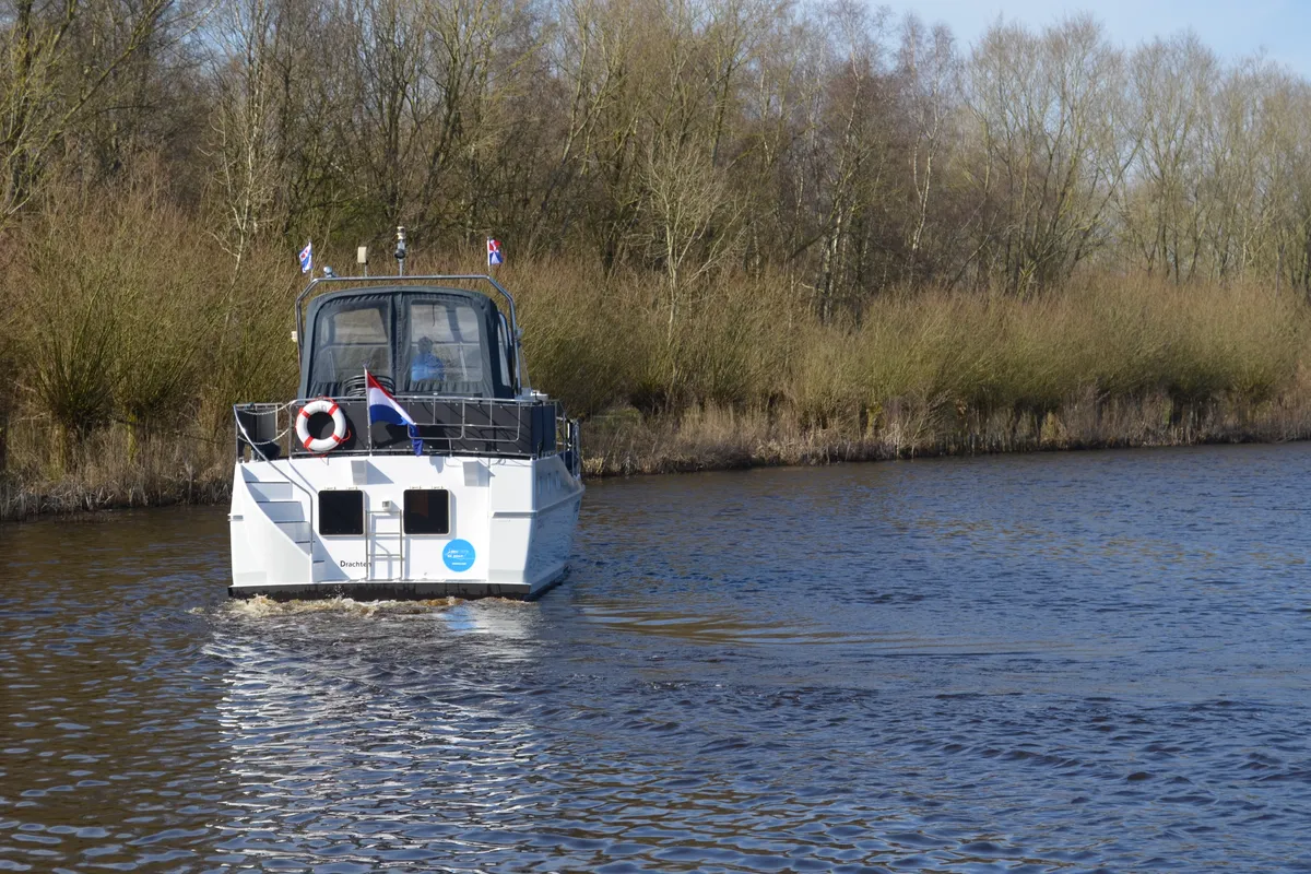 Exterior view of De Drait Renal 36, a motorboat at Drachten, Netherlands