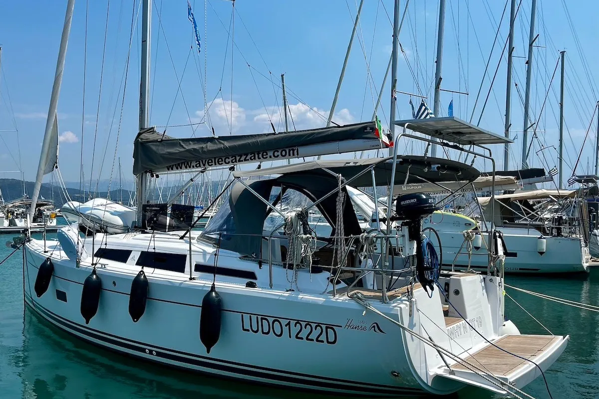 Exterior view of Why Not 19, a Hanse 348 sailboat at Municipal Unit of Lefkada, Greece